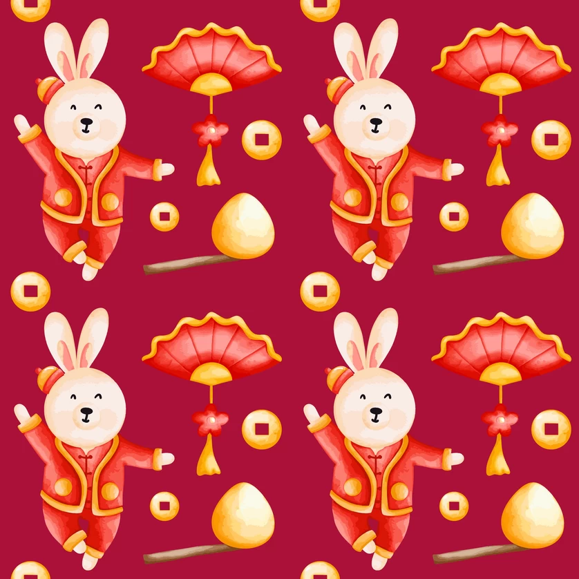 兔年红色喜庆新年春节元素印花效果无缝背景底纹AI矢量设计素材【003】